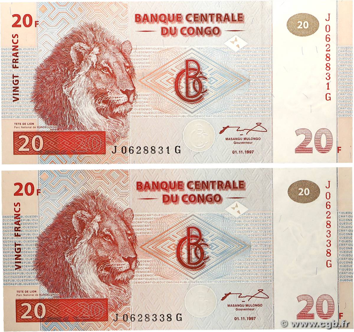 20 Francs Lot CONGO, DEMOCRATIC REPUBLIC  1997 P.088A UNC-