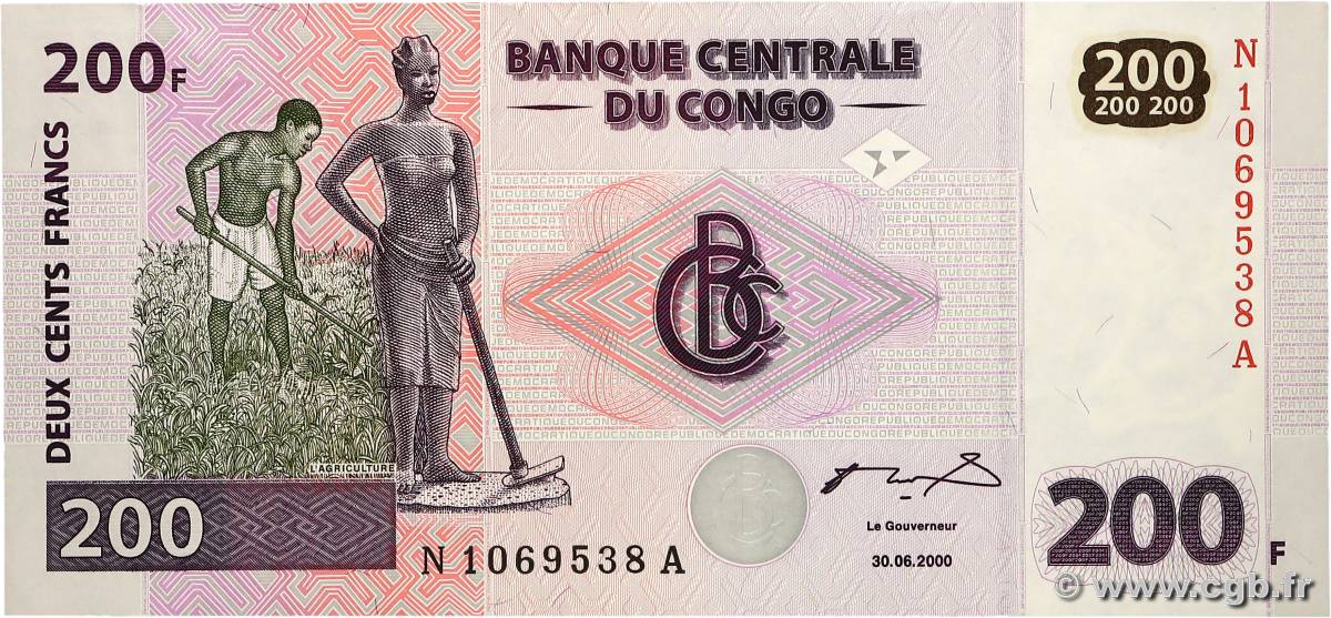 200 Francs CONGO, DEMOCRATIC REPUBLIC  2000 P.095a XF+