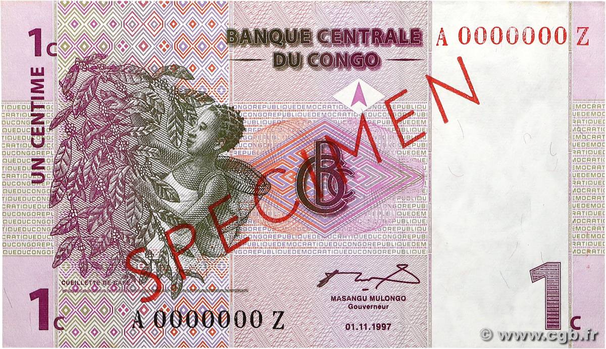 1 Centime Spécimen CONGO, DEMOCRATIC REPUBLIC  1997 P.080s UNC-