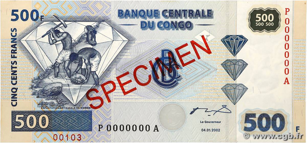 500 Francs Spécimen CONGO, DEMOCRATIC REPUBLIC  2002 P.096s UNC-