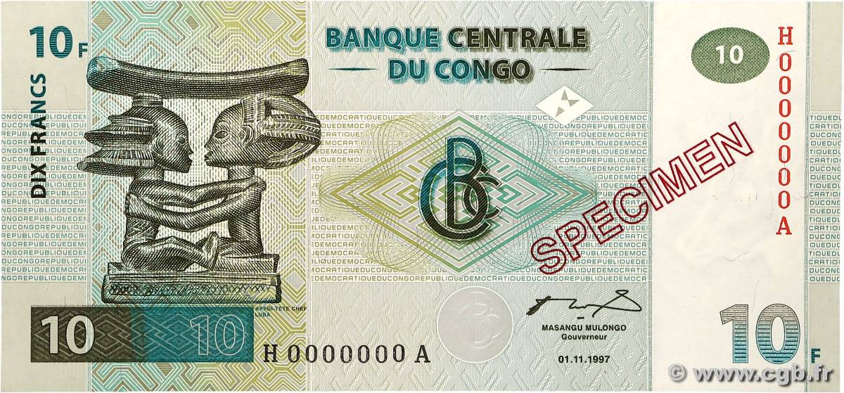 10 Francs CONGO, DEMOCRATIC REPUBLIC  1997 P.087sa UNC