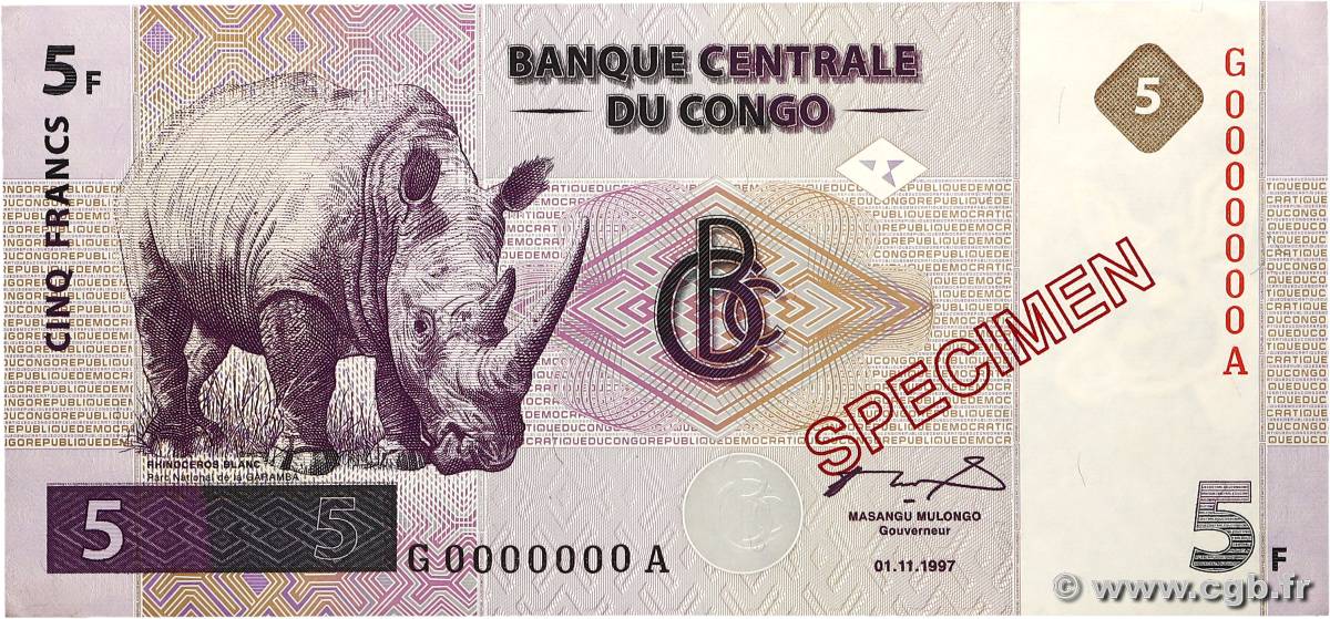 5 Francs Spécimen CONGO, DEMOCRATIC REPUBLIC  1997 P.086s AU-