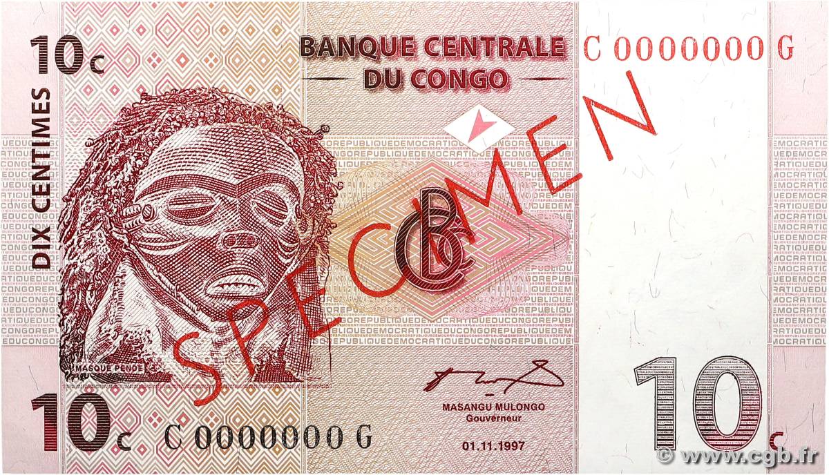 10 Centimes Spécimen CONGO, DEMOCRATIC REPUBLIC  1997 P.082s UNC