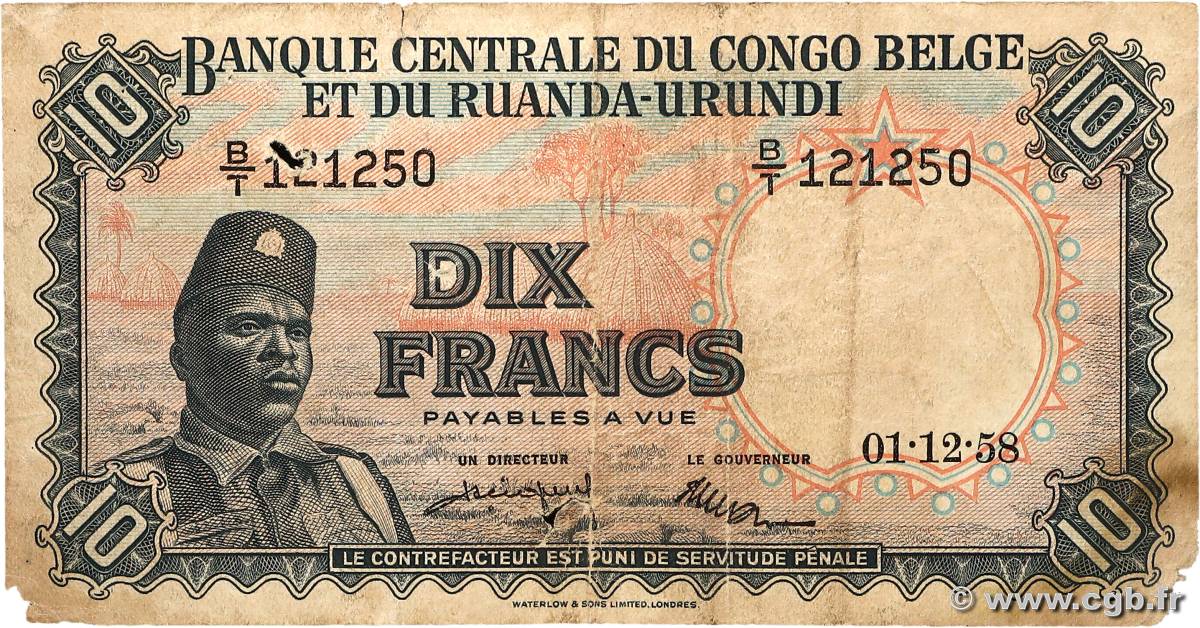 10 Francs CONGO BELGE  1958 P.30b TB