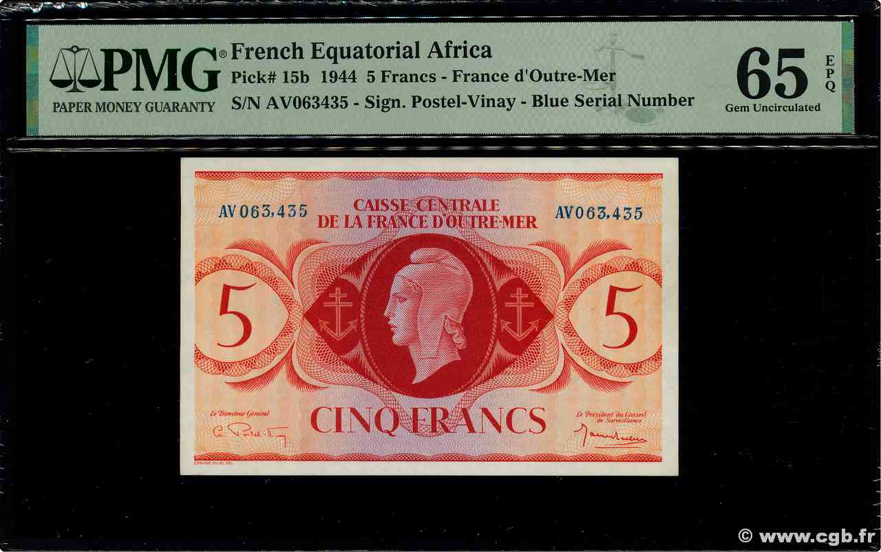 5 Francs Marianne CCFOM AFRIQUE ÉQUATORIALE FRANÇAISE  1944 A.124f NEUF