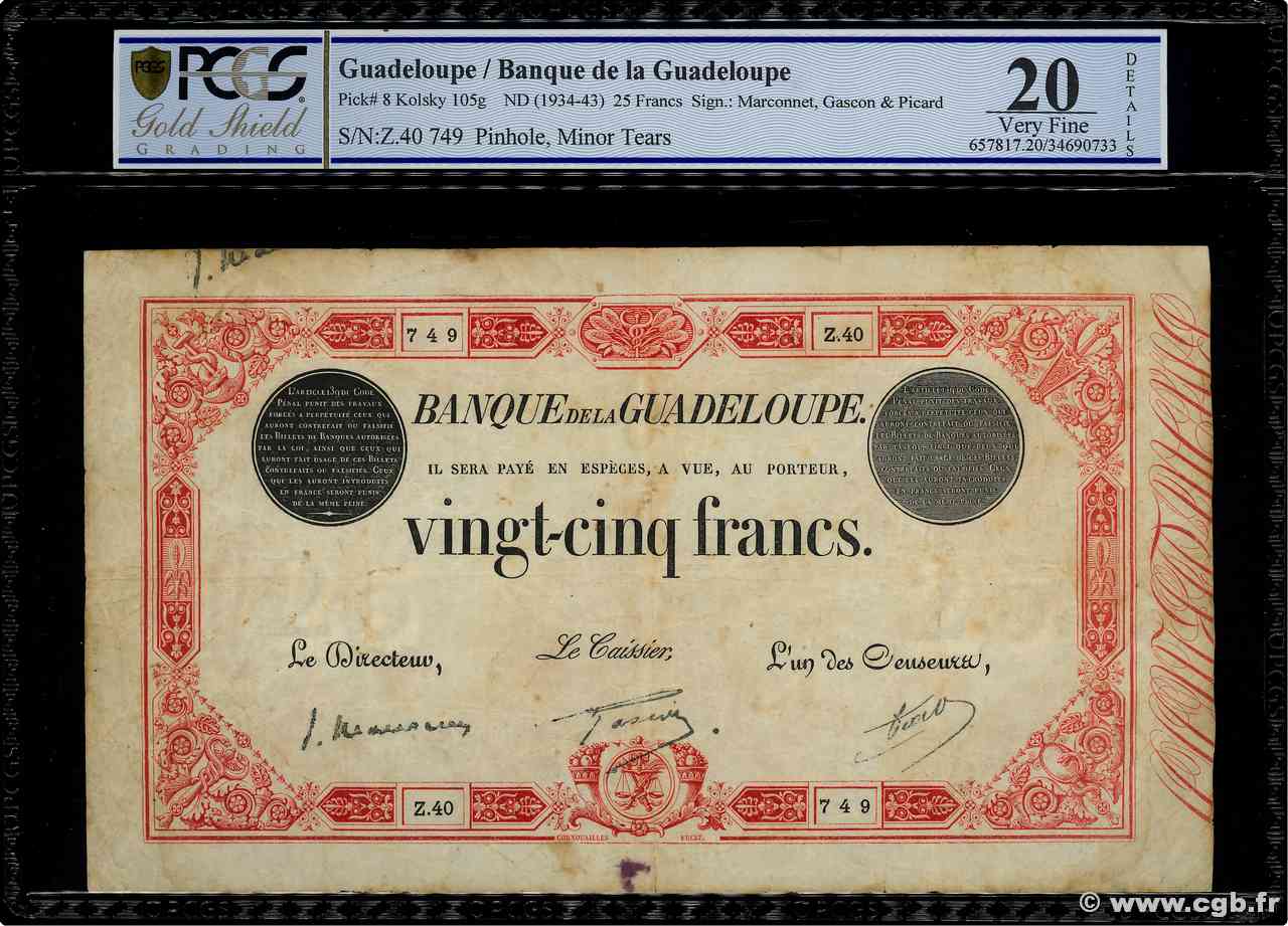 25 Francs rouge GUADELOUPE  1934 P.08 TB