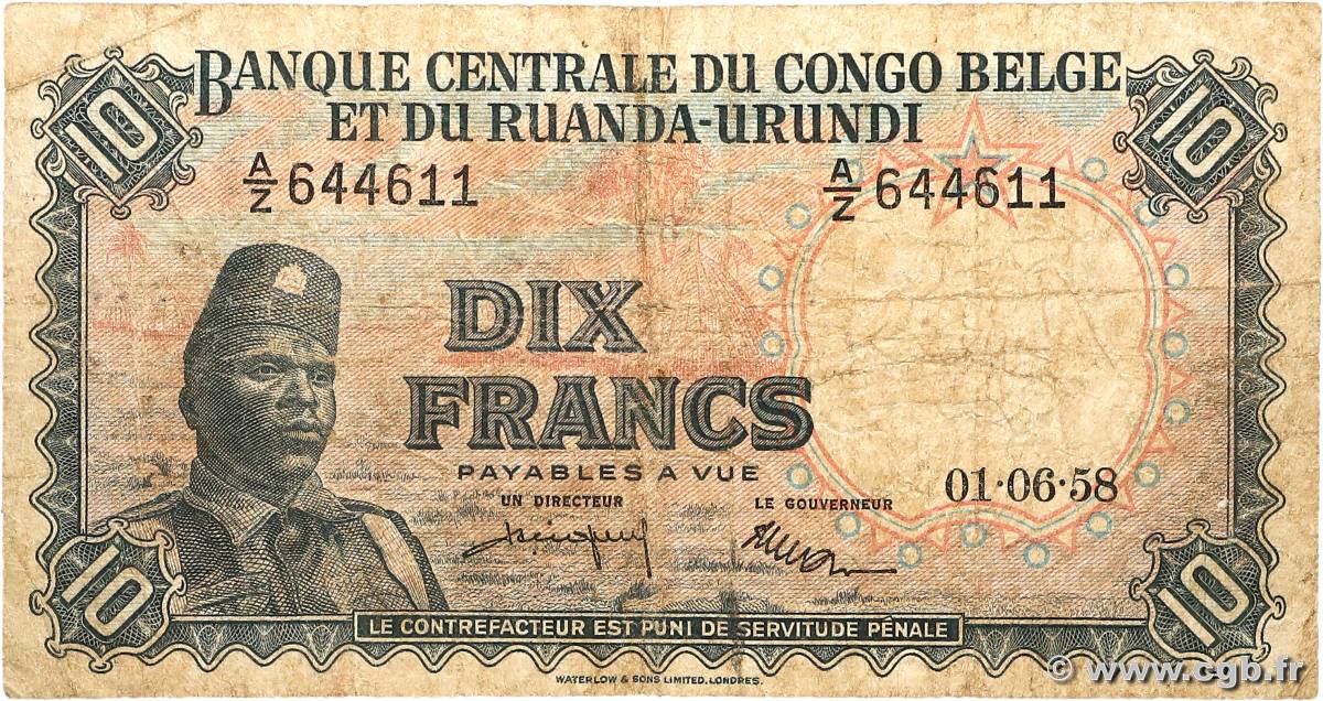10 Francs CONGO BELGE  1958 P.30b B+