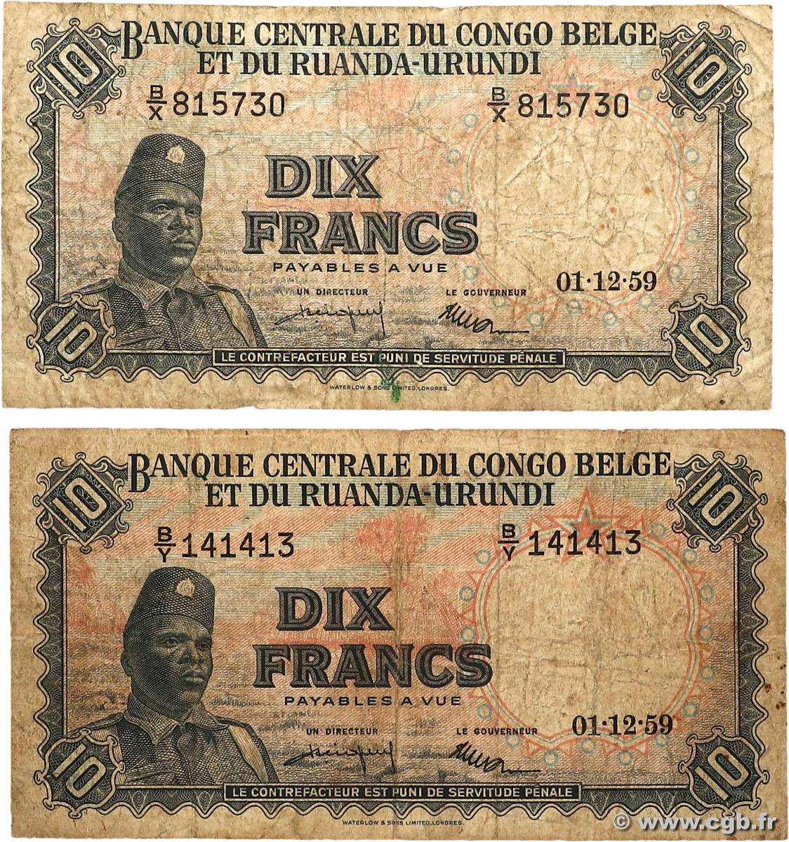 10 Francs Lot BELGIAN CONGO  1959 P.30b G