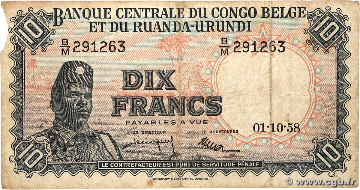 10 Francs BELGIAN CONGO  1958 P.30b VG