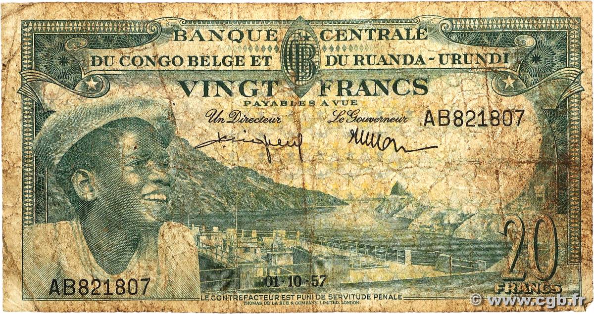 20 Francs BELGIAN CONGO  1957 P.31 VG