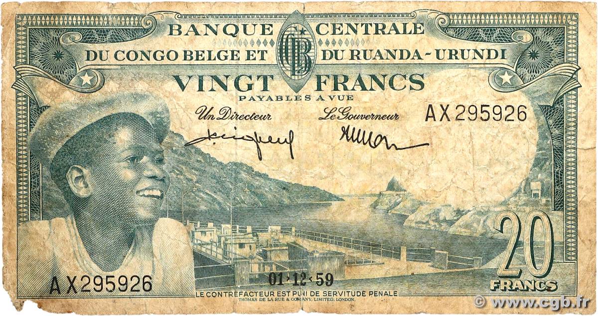 20 Francs BELGIAN CONGO  1959 P.31 VG