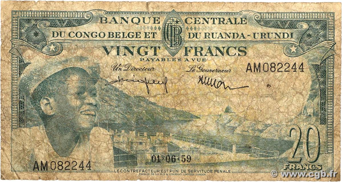 20 Francs BELGIAN CONGO  1959 P.31 VG