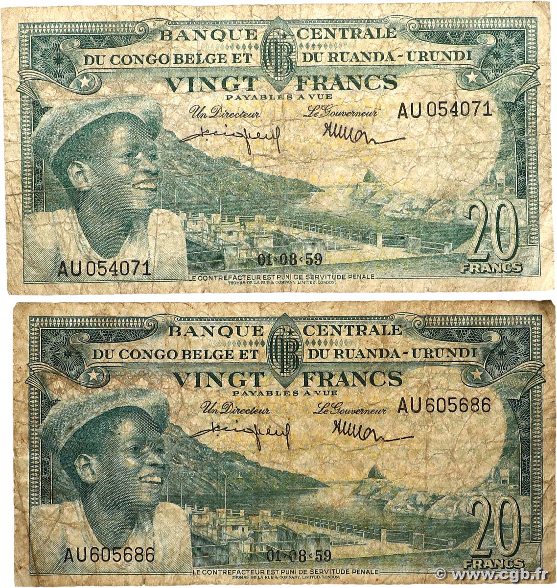 20 Francs Lot BELGIAN CONGO  1959 P.31 G