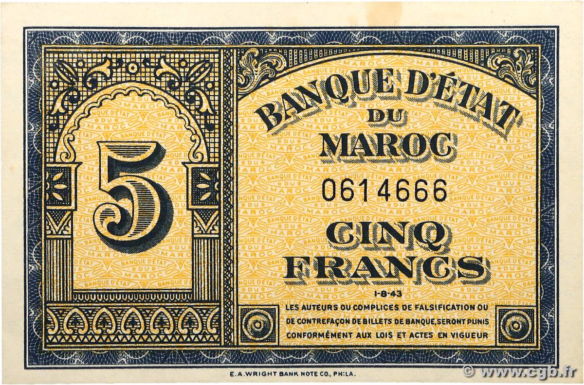 5 Francs MARUECOS  1943 P.24 SC+