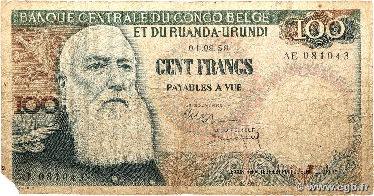 100 Francs CONGO BELGE  1959 P.33b AB