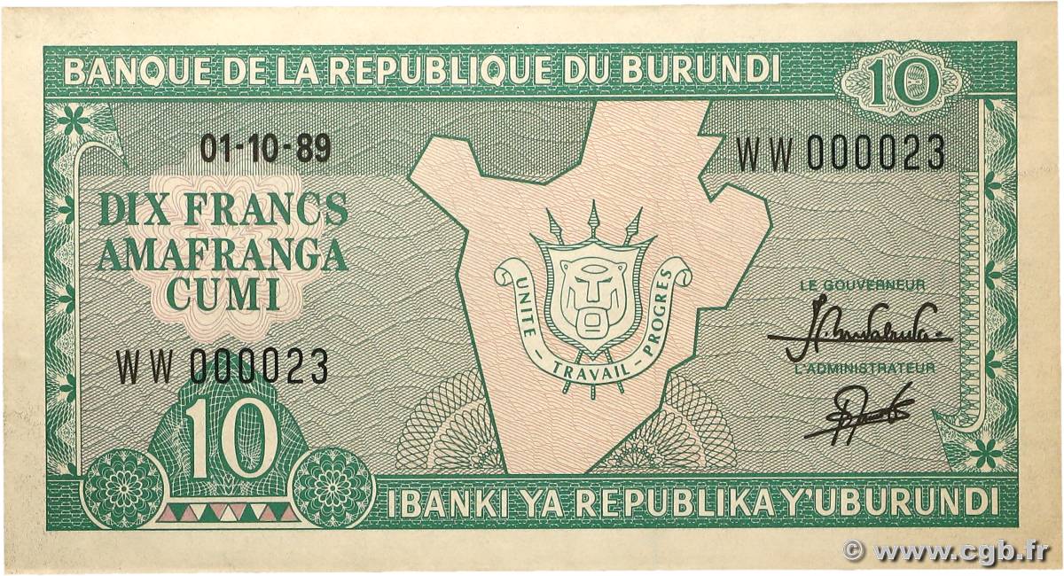10 Francs BURUNDI  1989 P.33b AU