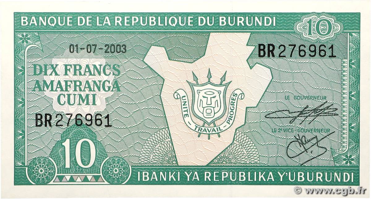 10 Francs BURUNDI  2003 P.33d UNC