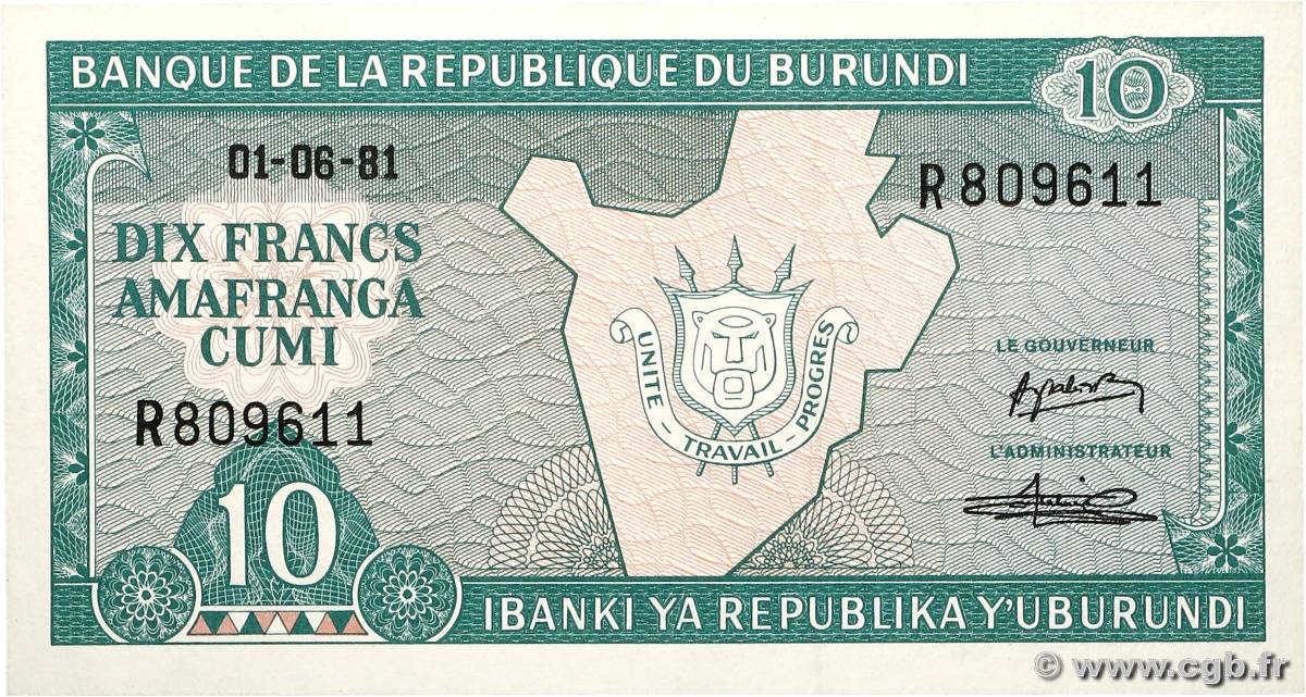 10 Francs BURUNDI  1981 P.33a FDC
