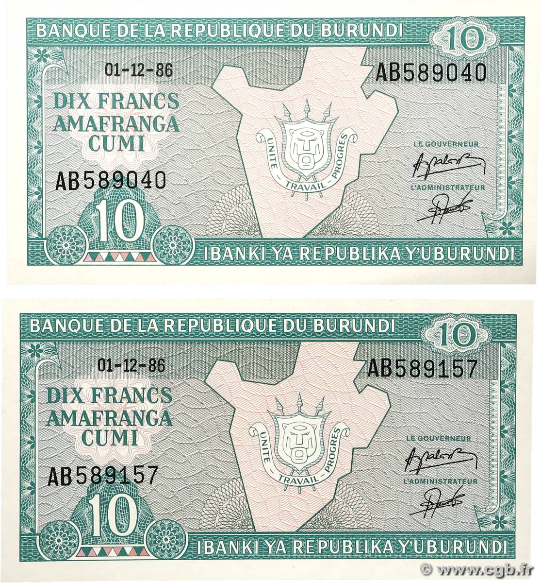 10 Francs Lot BURUNDI  1986 P.33b NEUF