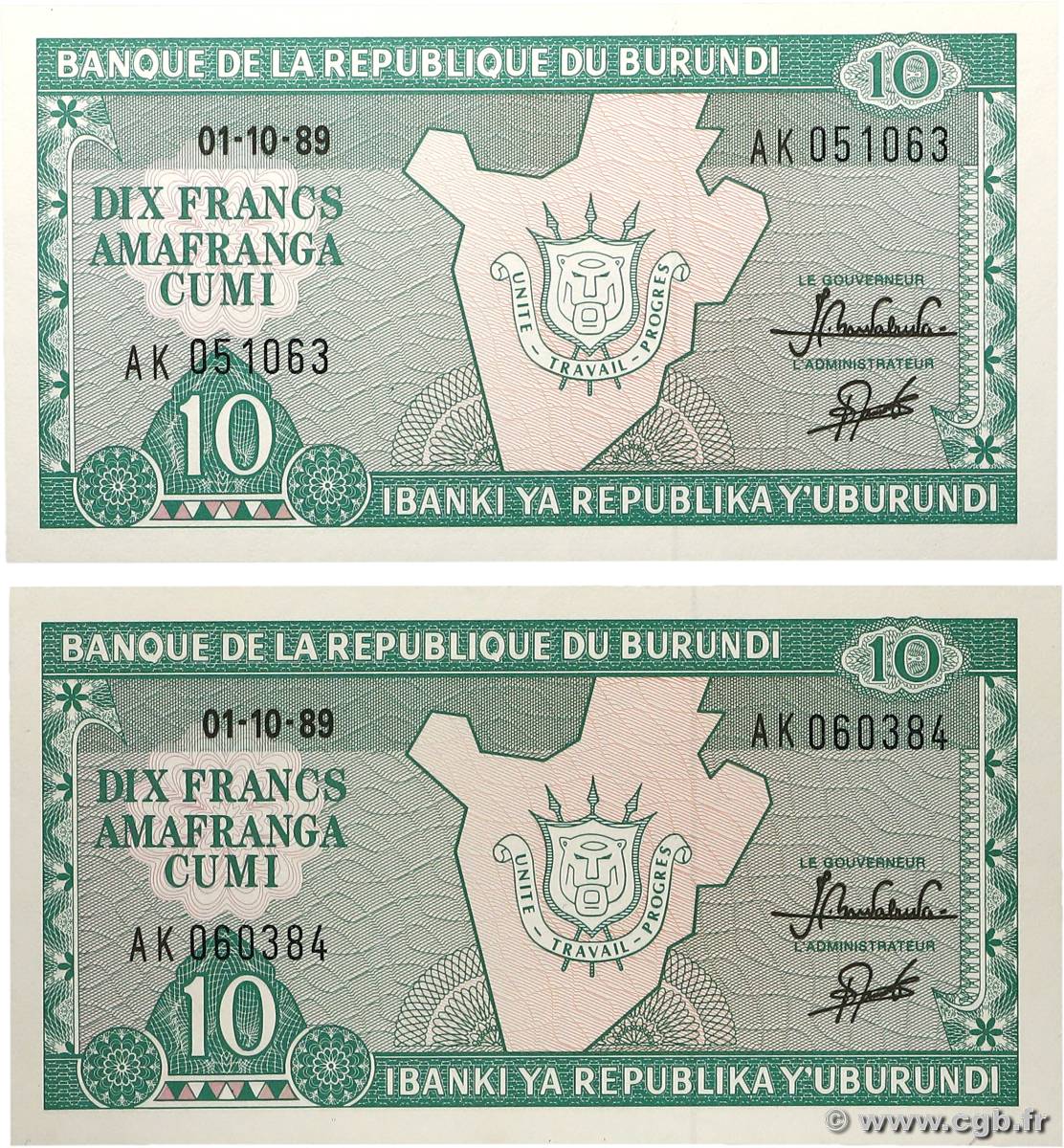 10 Francs Lot BURUNDI  1989 P.33b NEUF