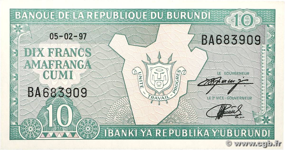 10 Francs BURUNDI  1997 P.33d NEUF