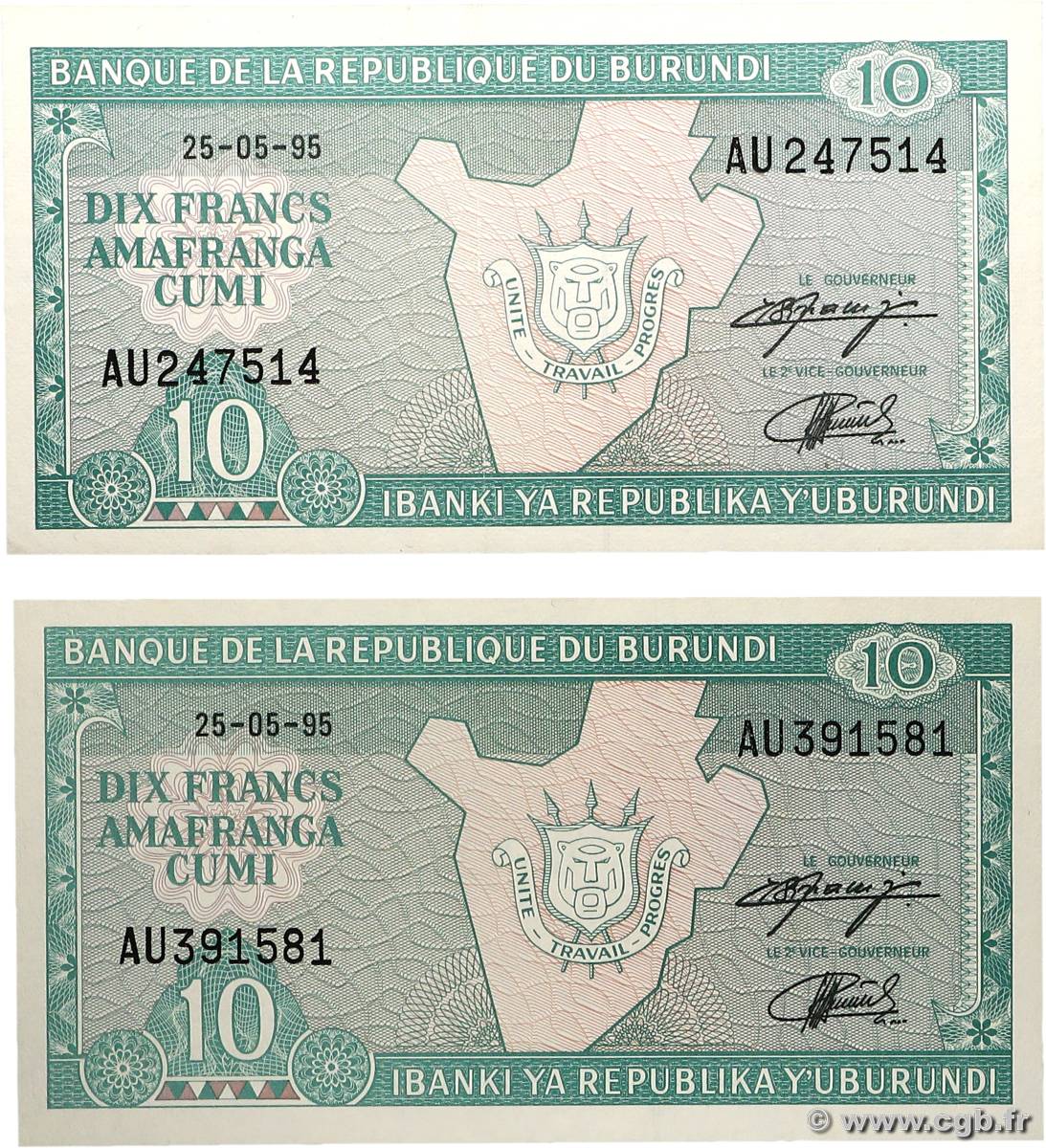 10 Francs Lot BURUNDI  1995 P.33c ST