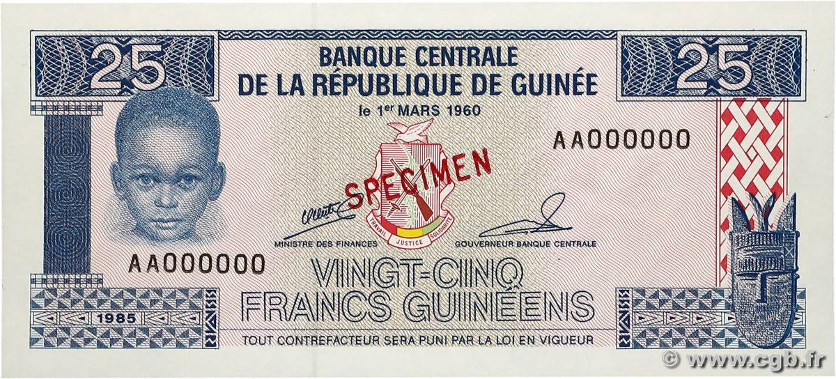 25 Francs Guinéens Spécimen GUINEA  1985 P.28s FDC