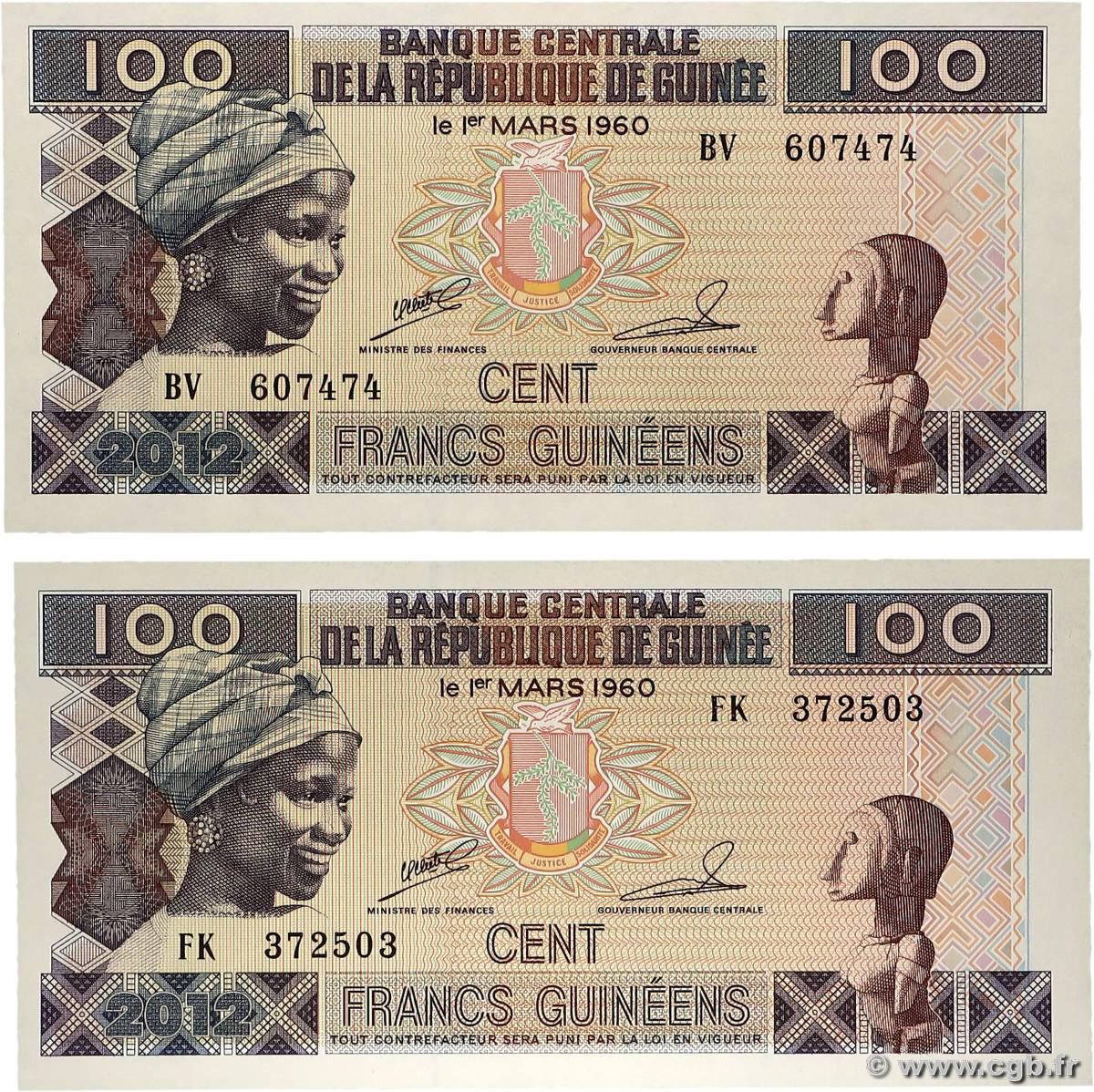 100 Francs Guinéens Lot GUINÉE  2012 P.35b NEUF