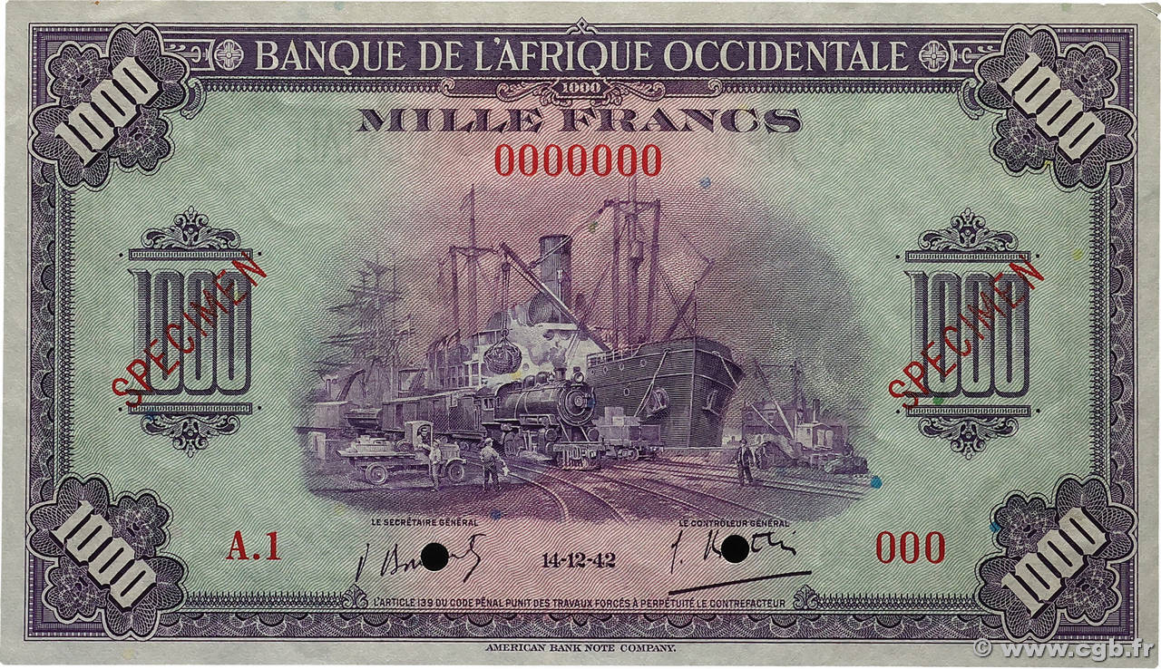 1000 Francs Spécimen FRENCH WEST AFRICA  1942 P.32s fST
