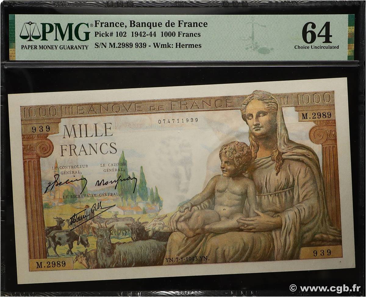 1000 Francs DÉESSE DÉMÉTER FRANCIA  1943 F.40.15 SC+