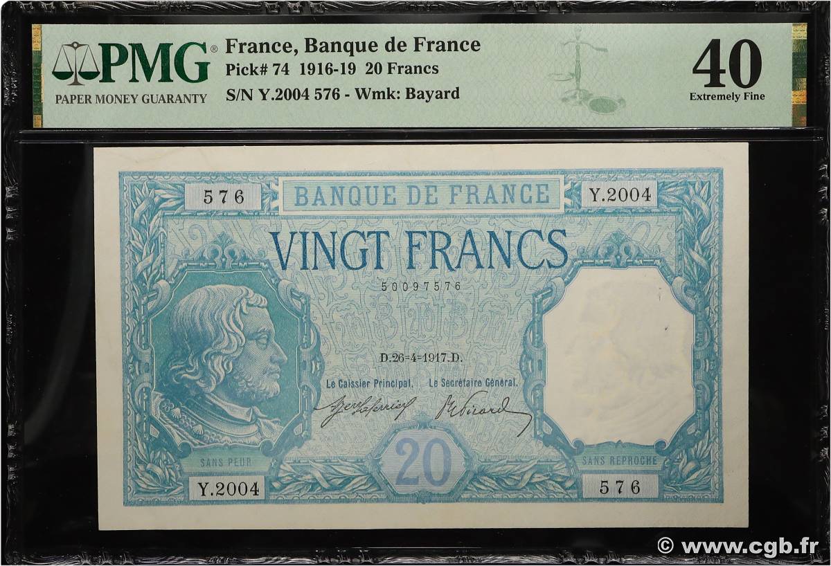 20 Francs BAYARD FRANCE  1917 F.11.02 VF+