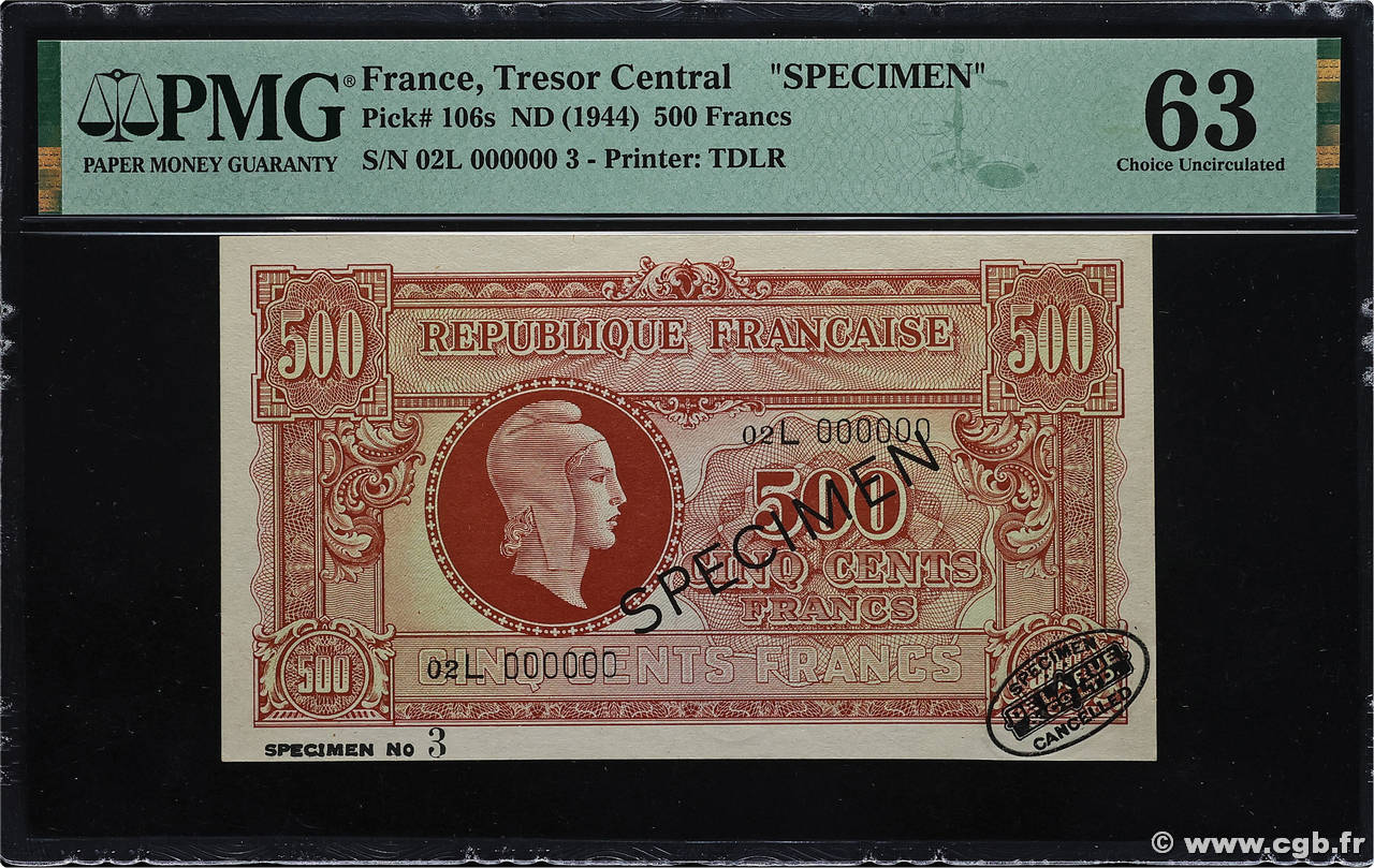 500 Francs MARIANNE fabrication anglaise Spécimen FRANCE  1945 VF.11.00Ssn pr.NEUF