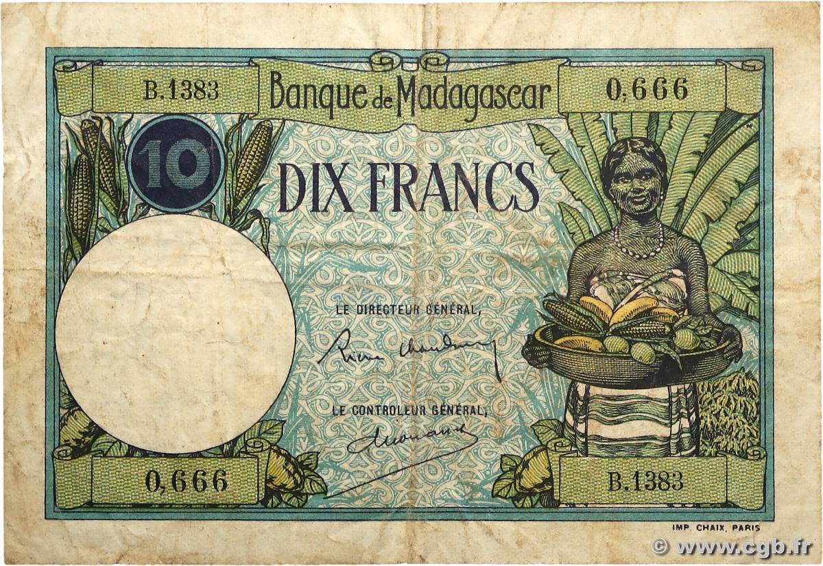 10 Francs Numéro spécial MADAGASCAR  1937 P.036 TB