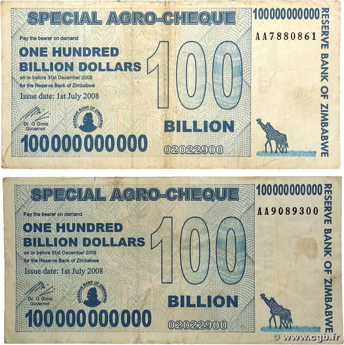 100 Billions Dollars Lot SIMBABWE  2008 P.64 fSS