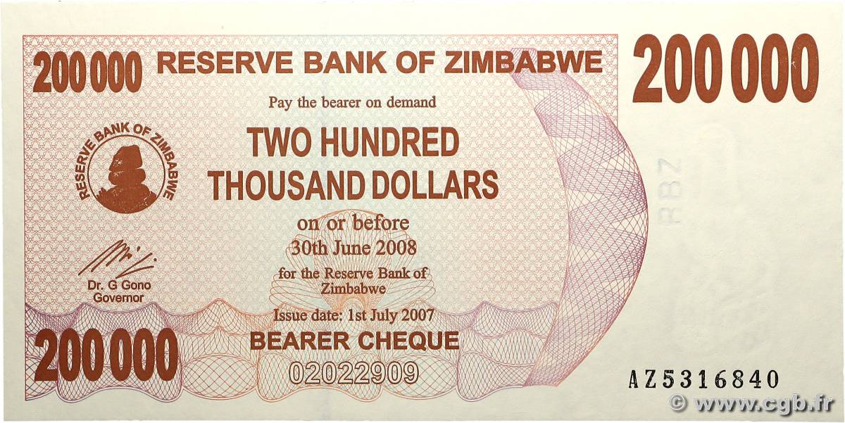 200000 Dollars ZIMBABWE  2007 P.49 NEUF