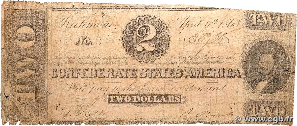 2 Dollars STATI CONFEDERATI D AMERICA  1863 P.58a q.B