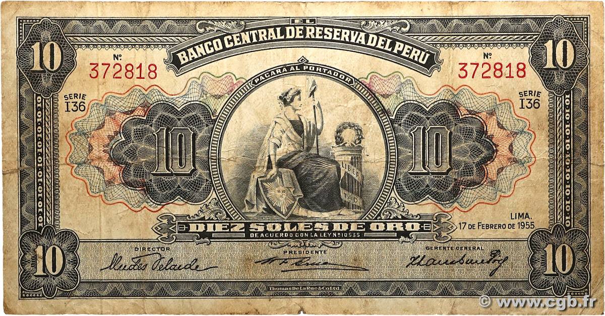 10 Soles PÉROU  1955 P.071 TB