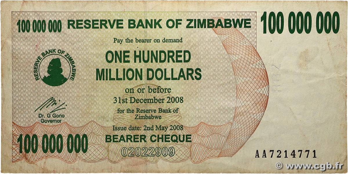 100 Millions Dollars ZIMBABWE  2008 P.58 VF