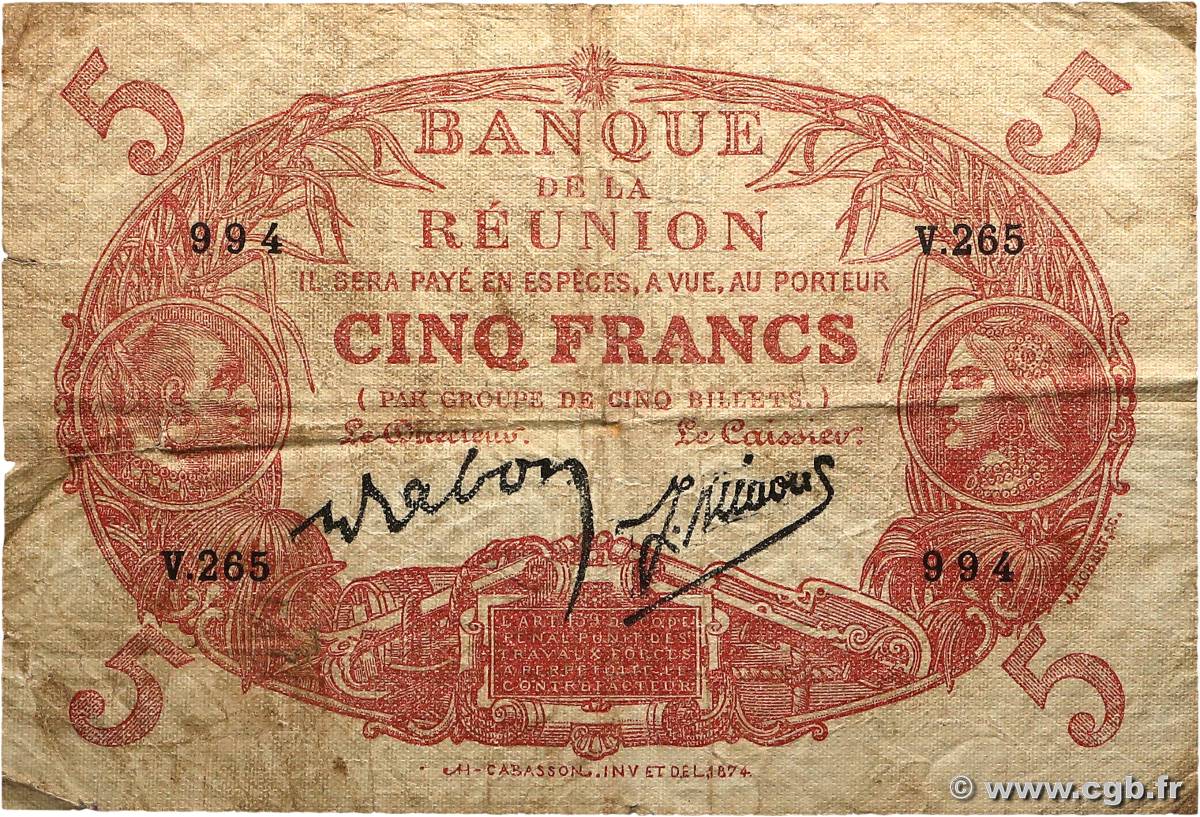 5 Francs Cabasson rouge ÎLE DE LA RÉUNION  1944 P.14 B+