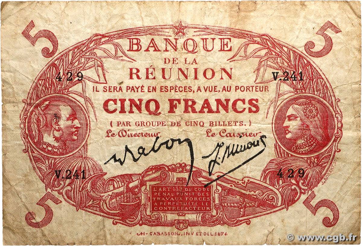 5 Francs Cabasson rouge REUNION INSEL  1944 P.14 fS