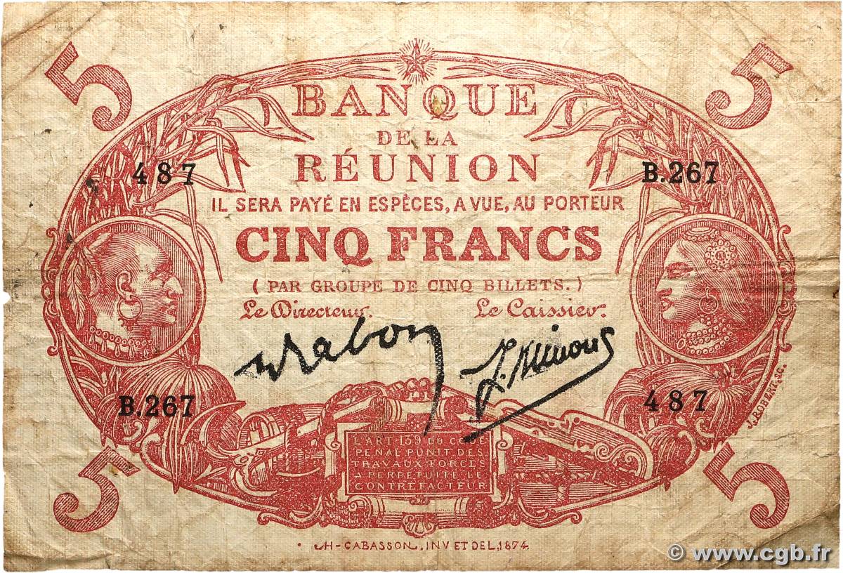 5 Francs Cabasson rouge REUNION INSEL  1944 P.14 fS