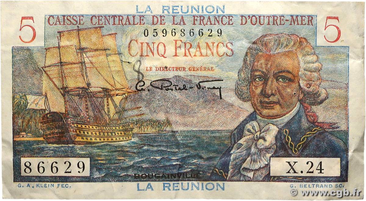 5 Francs Bougainville REUNION INSEL  1946 P.41a SS