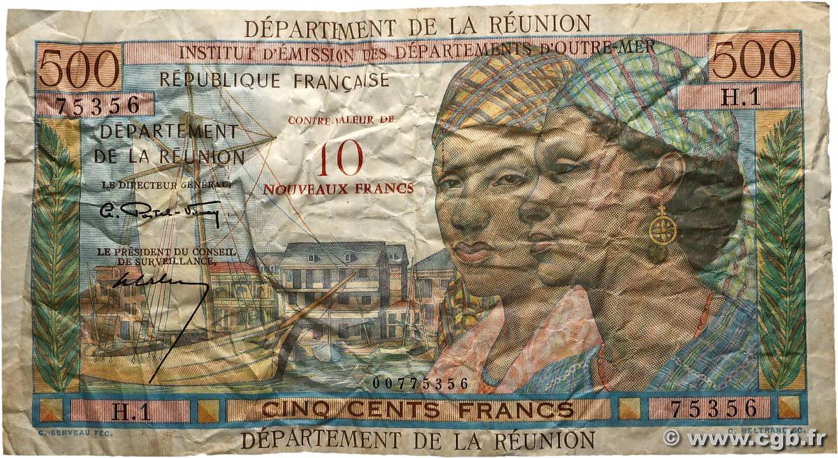 10 NF sur 500 Francs Pointe à Pitre ÎLE DE LA RÉUNION  1964 P.54a B+