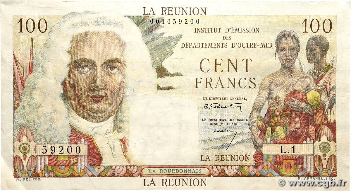 100 Francs La Bourdonnais REUNION INSEL  1960 P.49a SS