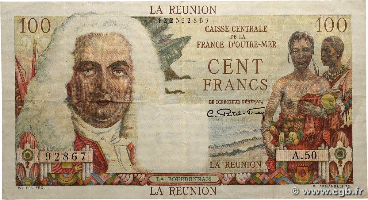 100 Francs La Bourdonnais ÎLE DE LA RÉUNION  1946 P.45a TTB