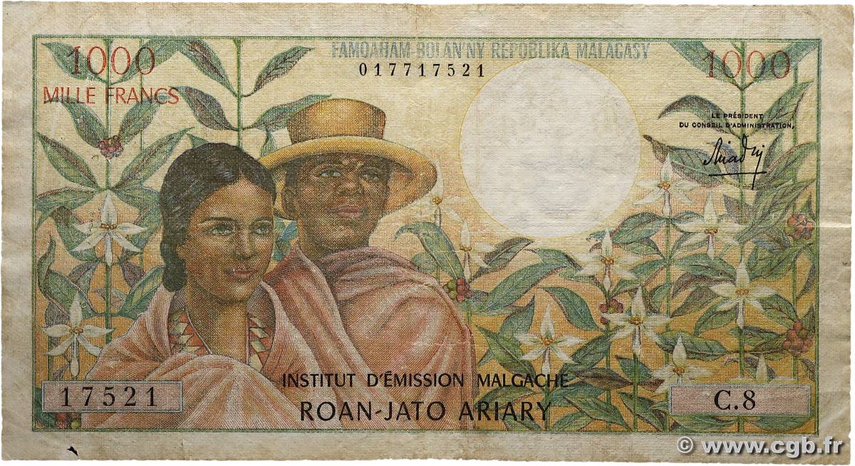 1000 Francs - 200 Ariary MADAGASCAR  1966 P.059a TB
