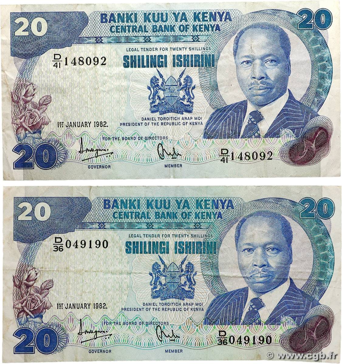 20 Shillings Lot KENYA  1982 P.21b TB+