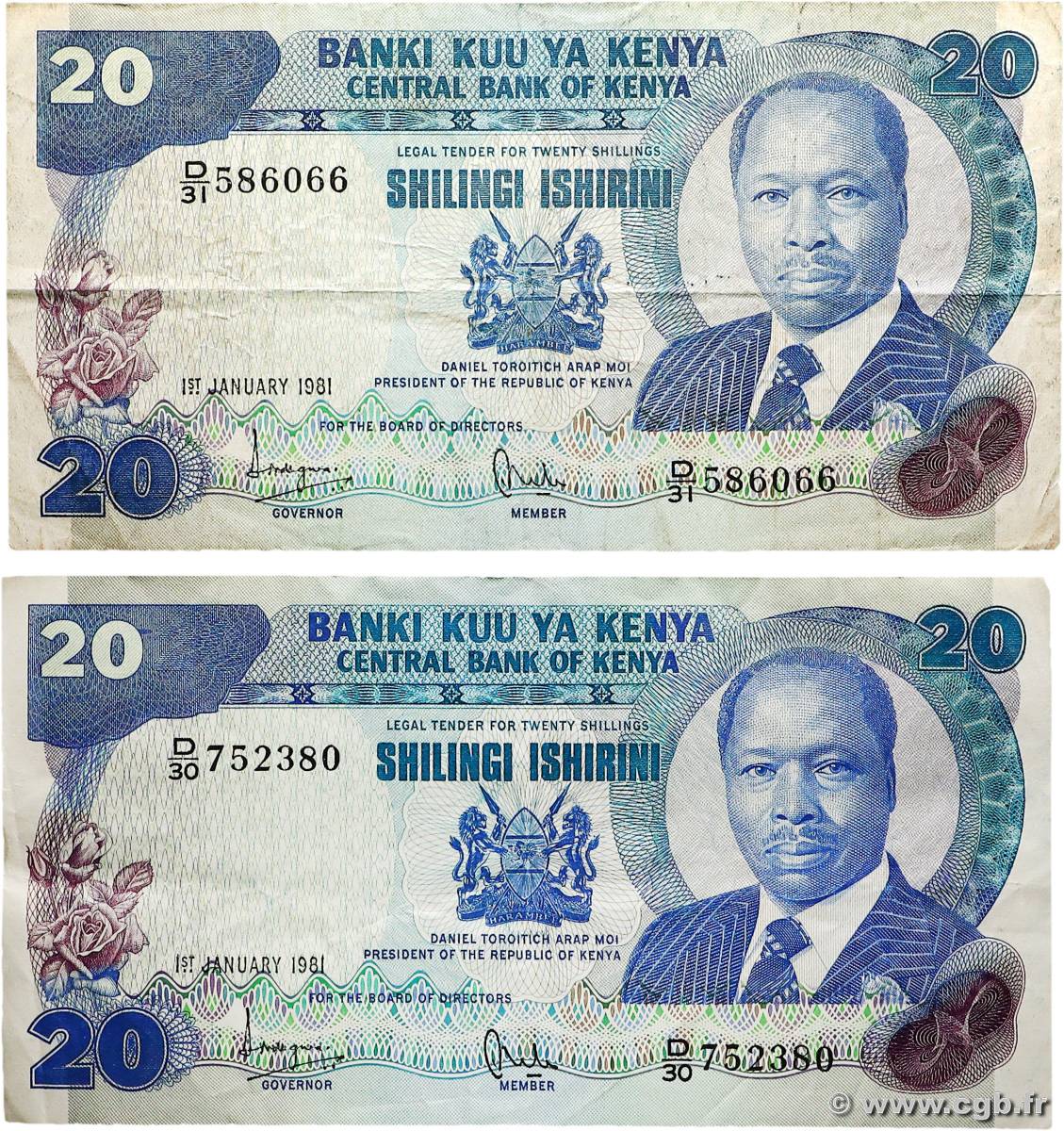 20 Shillings Lot KENYA  1981 P.21a TB+