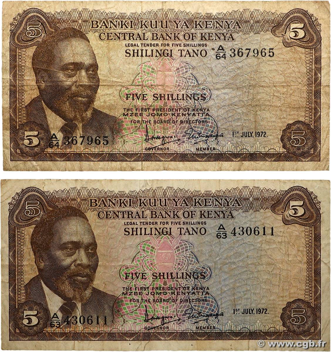 5 Shillings Lot KENYA  1972 P.06c q.MB