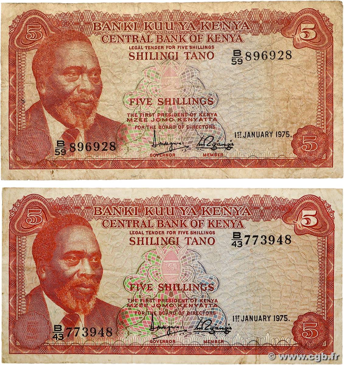 5 Shillings Lot KENYA  1975 P.11b pr.TB
